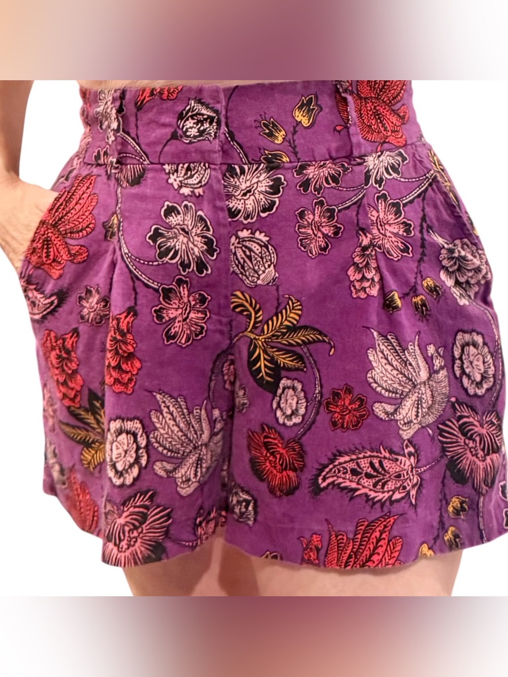 Nicole Miller Linen European Flax Purple Floral High-Waist Pocket Shorts Size 8 - Picture 6 of 6